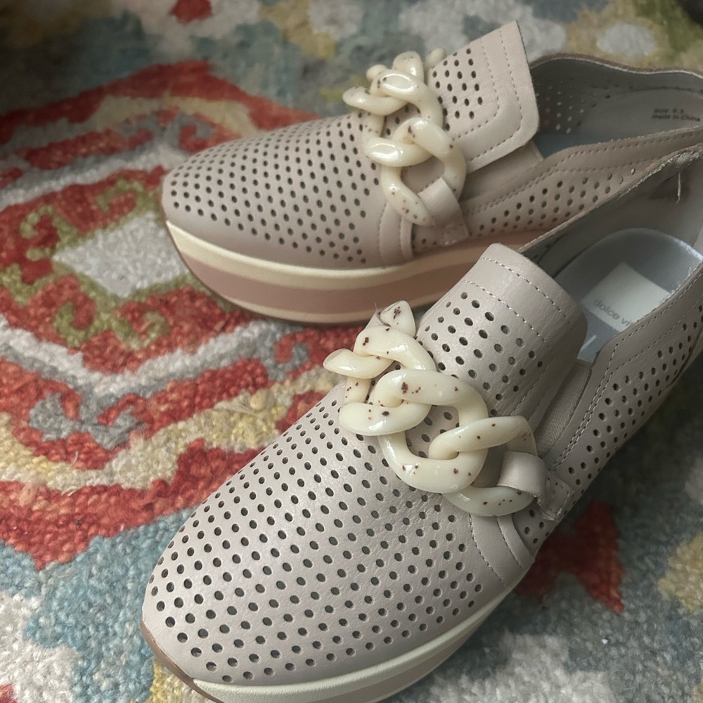 Dolce Vita-  leather  Perforated Slip-On Shoes with Chain Detail